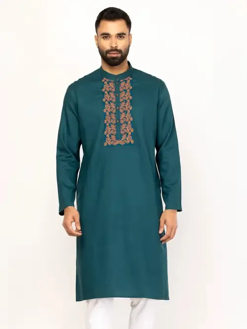 Teal Erri Embroidered Cotton Panjabi Pajama Set